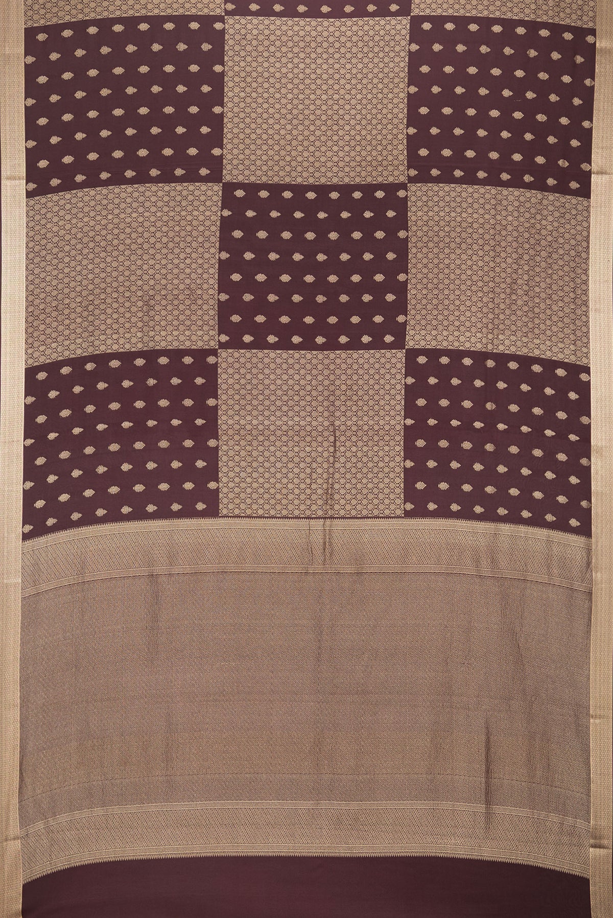 Flat view of Pure Silk Coffee Brown Dual Tone Banarasi Georgette Saree with Zari Butta on the body and Zari Border. 