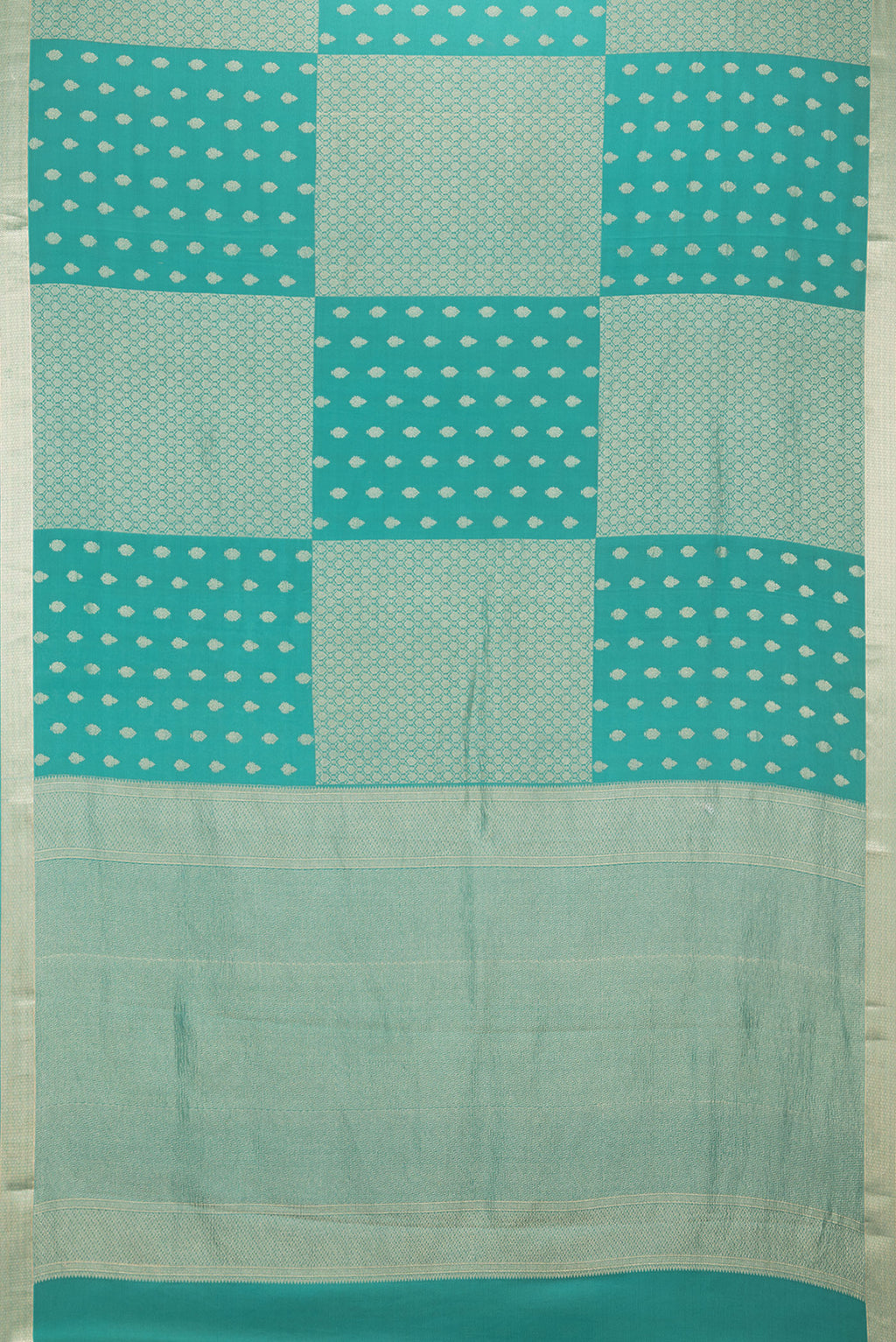 Flat view of Pure Silk Sea Green Dual Tone Banarasi Georgette Saree with Zari Butta on the body and Zari Border. 