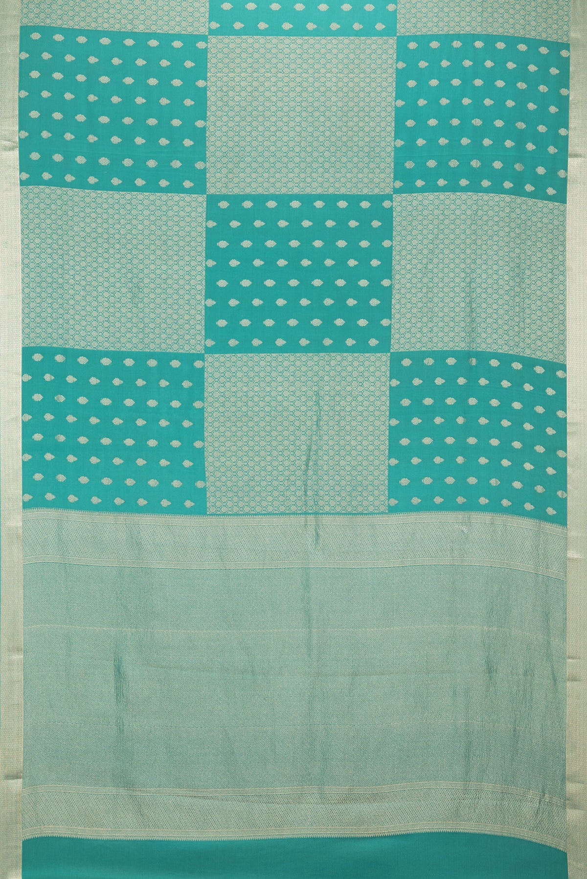 Flat view of Pure Silk Sea Green Dual Tone Banarasi Georgette Saree with Zari Butta on the body and Zari Border. 