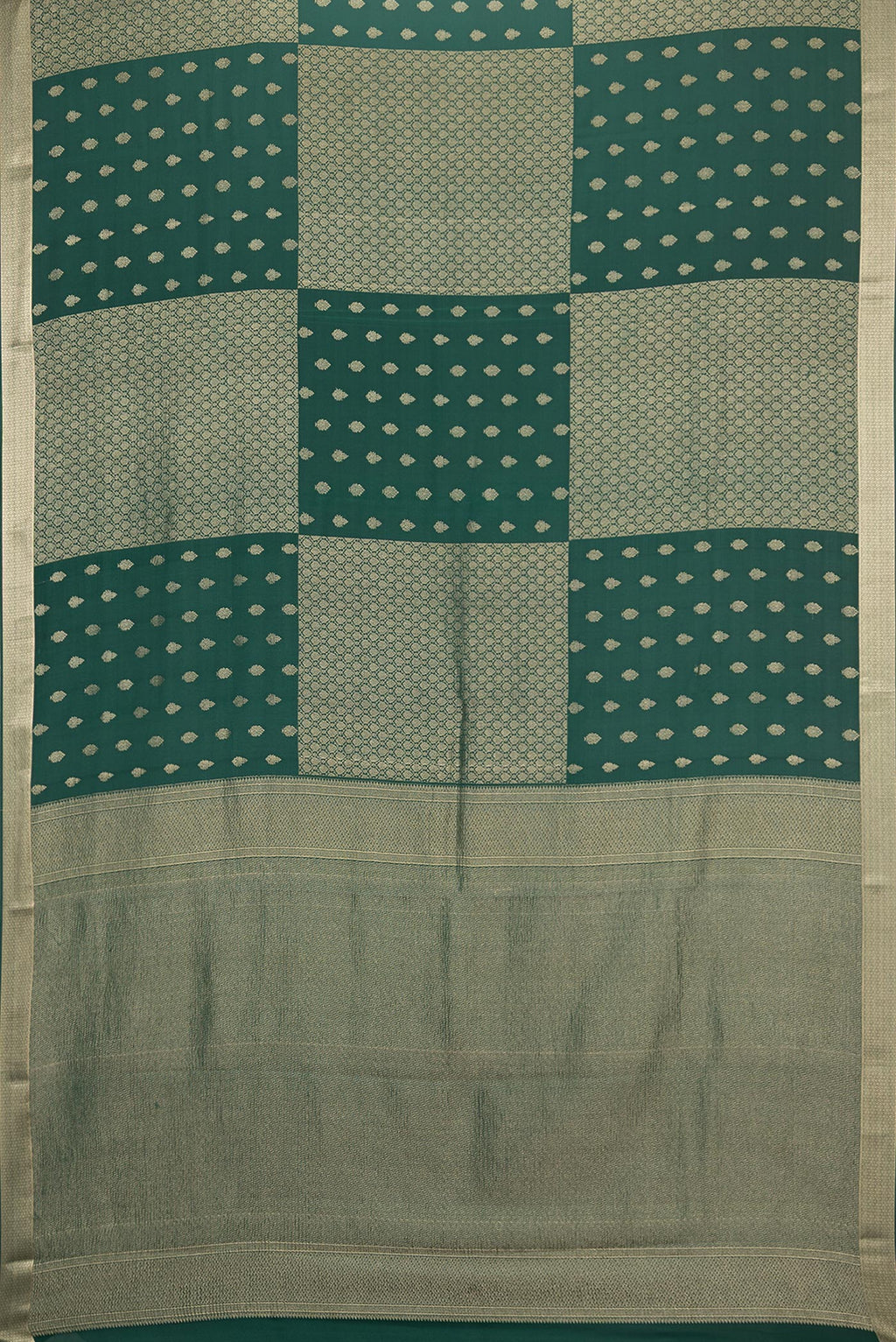 Flat view of Bottle Green Dual Tone Banarasi Georgette Saree with Zari Butta on the body and Zari Border. 