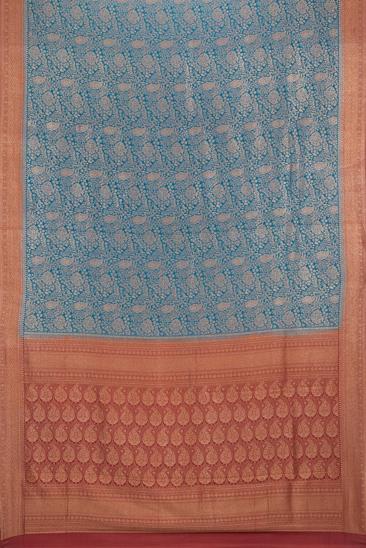 Flat view of Peacock Blue Dual Tone Banarasi Georgette Saree with Zari Brocade on the body and Zari Border. 