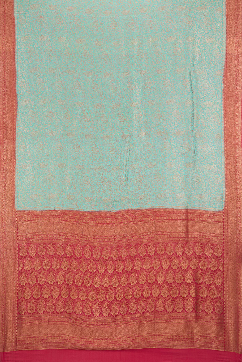 Flat view of Sea Green Dual Tone Banarasi Georgette Saree with Zari Brocade on the body and Zari Border. 