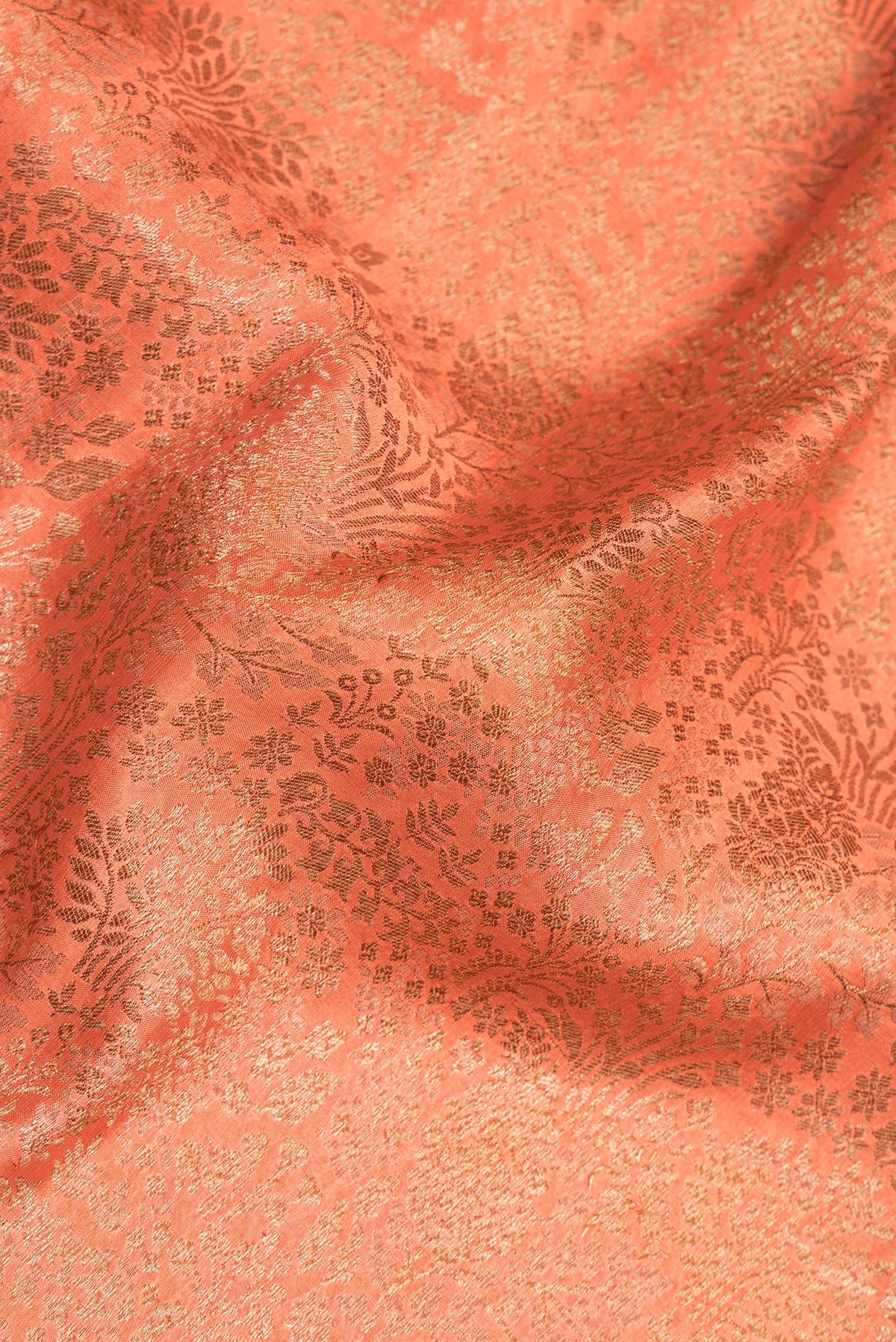 Close up of Peach Banarasi Georgette Saree with Zari Brocade on the body and Zari Border.  displaying folds