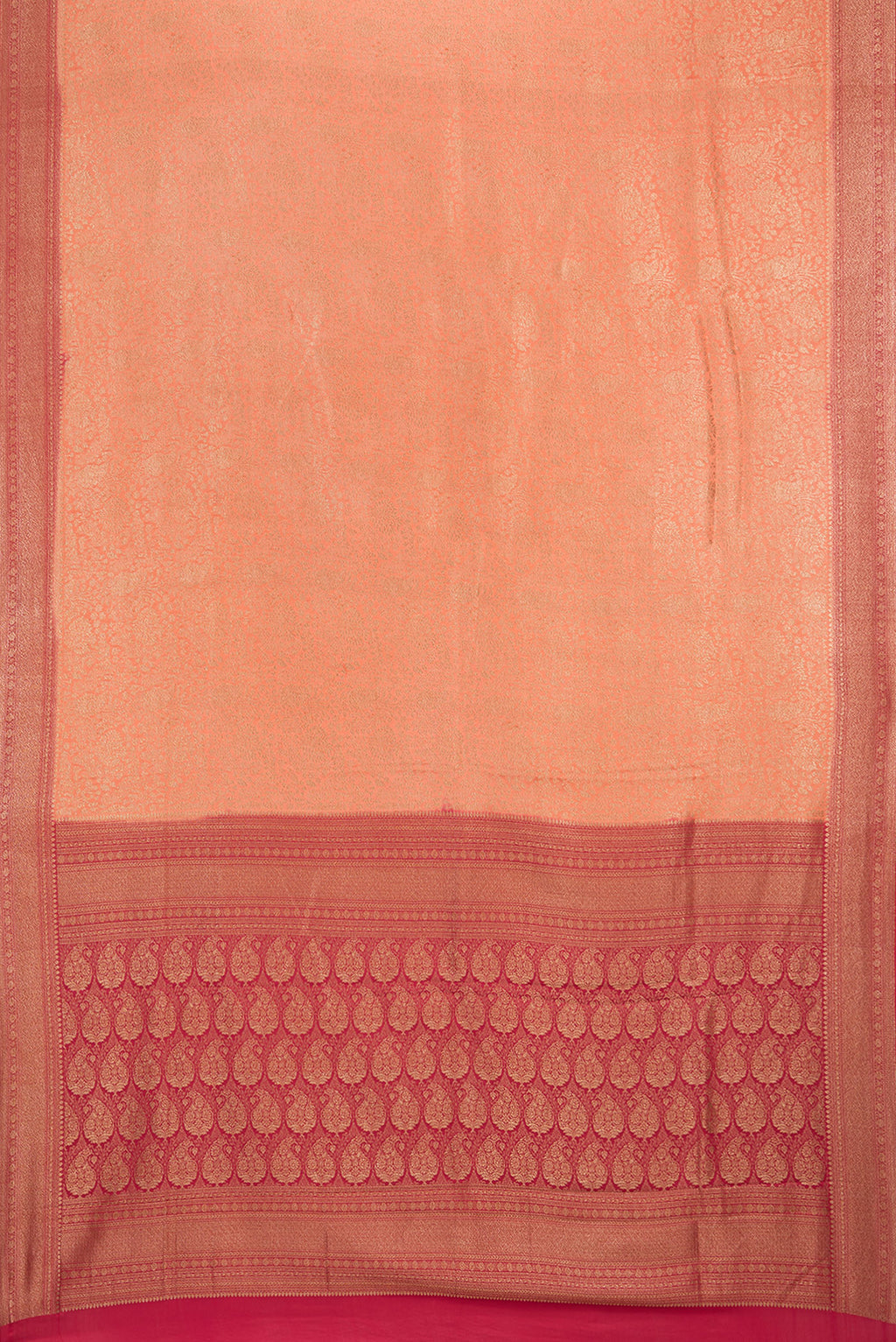 Flat view of Peach Banarasi Georgette Saree with Zari Brocade on the body and Zari Border. 