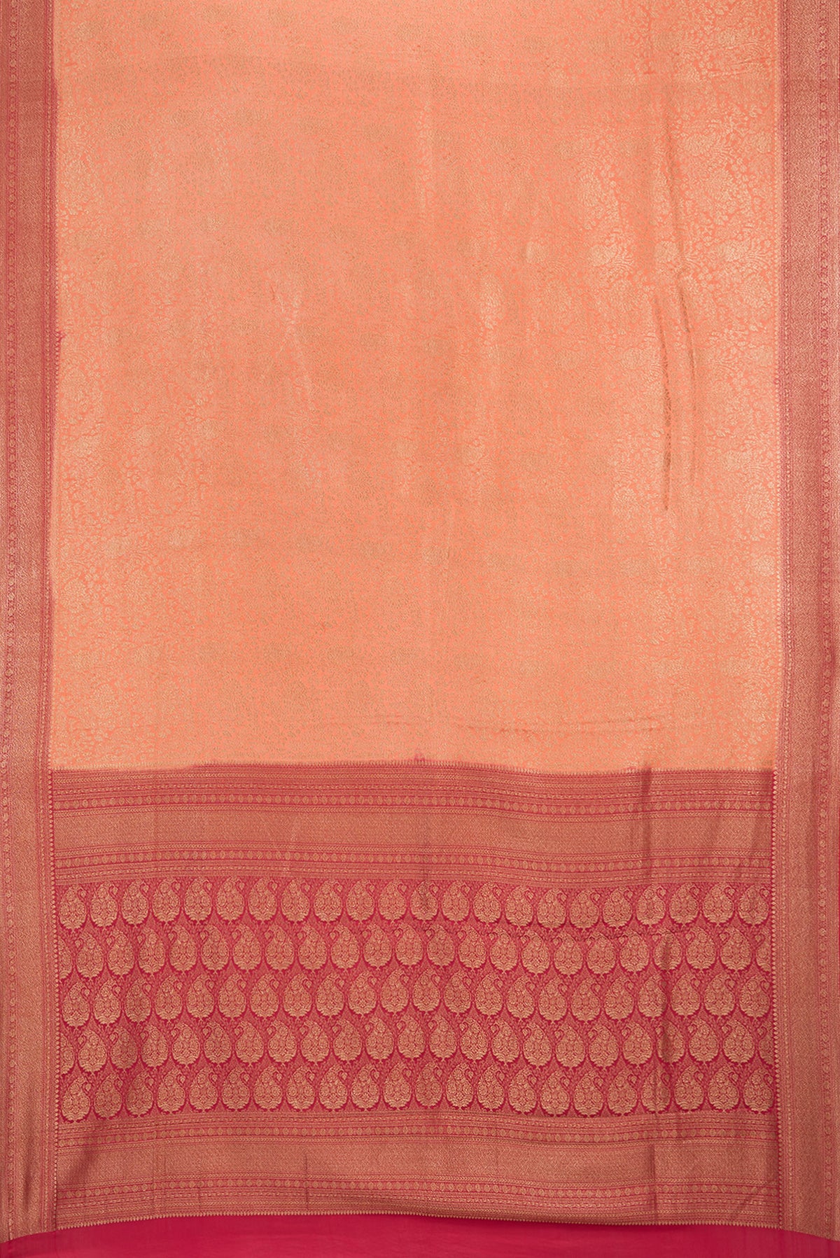 Flat view of Peach Banarasi Georgette Saree with Zari Brocade on the body and Zari Border. 