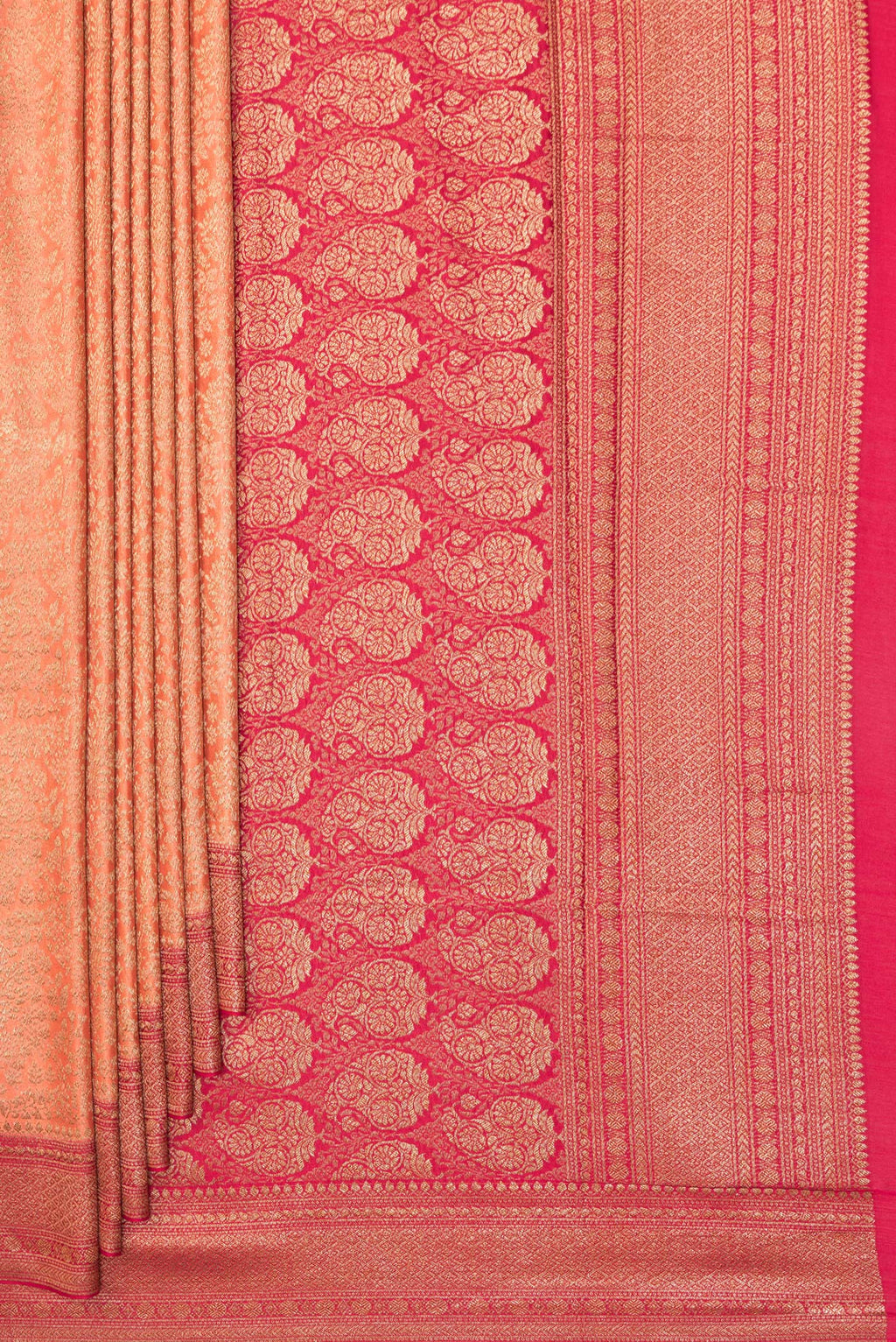 Pleats and pallu of Peach Banarasi Georgette Saree with Zari Brocade on the body and Zari Border. 