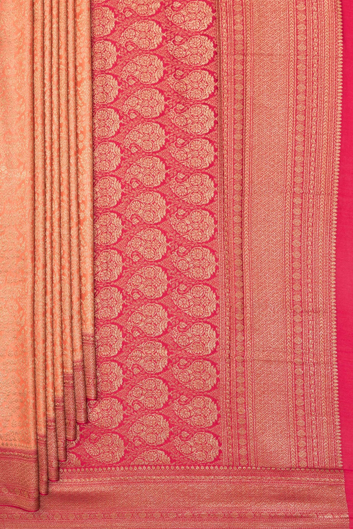Pleats and pallu of Peach Banarasi Georgette Saree with Zari Brocade on the body and Zari Border. 