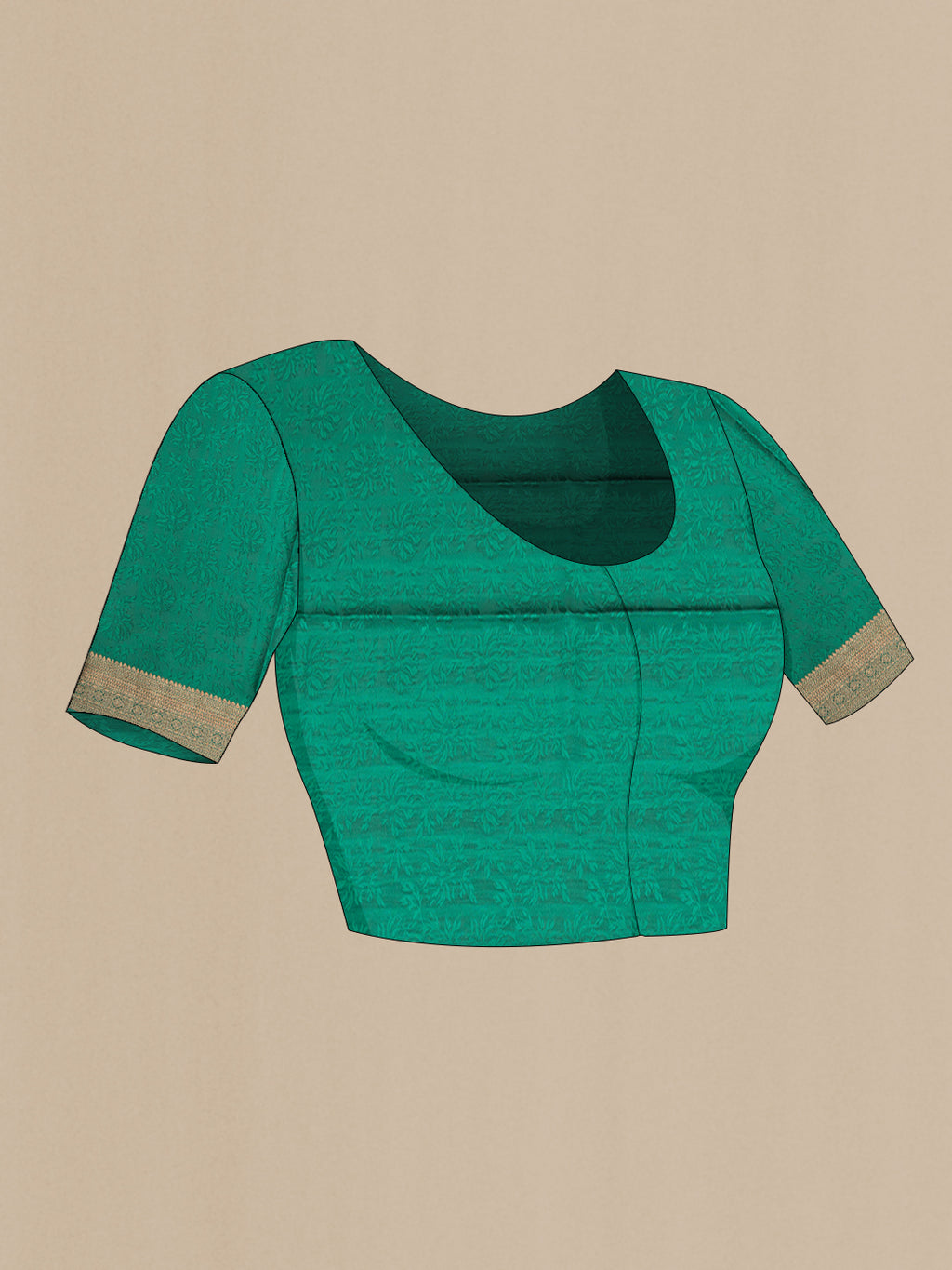 Close up image of the blouse of Green Dual Tone Banarasi Georgette Saree with Jacquard design on the body and Zari Border. 
