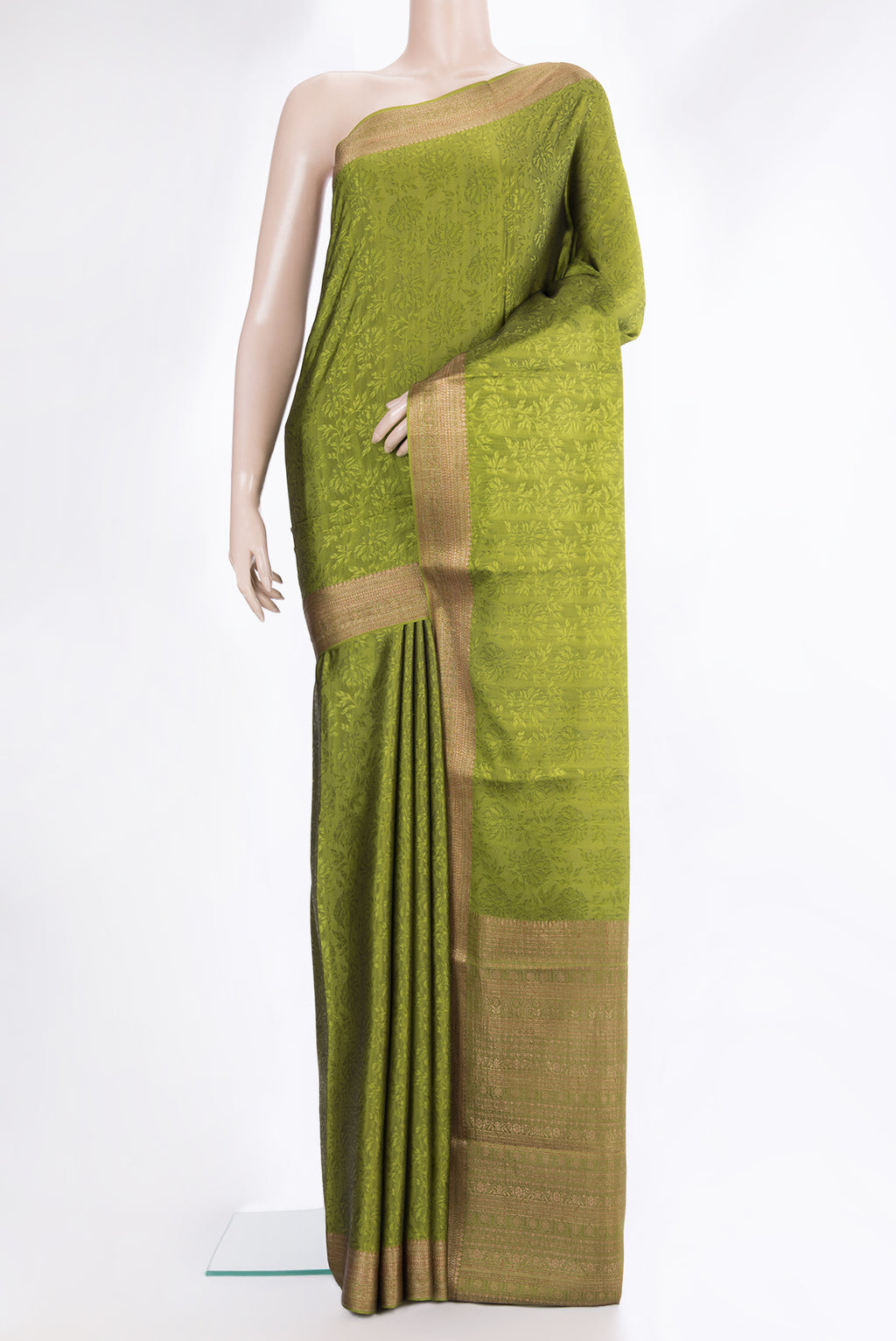 Green Dual Tone Banarasi Georgette Saree with Jacquard design on the body and Zari Border.  displayed on a mannequin