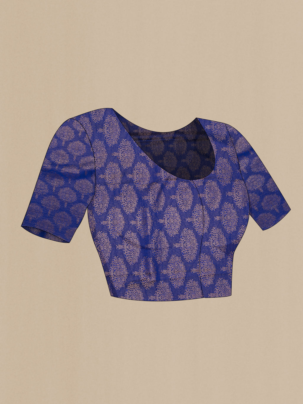 Close up image of the blouse of Royal Blue Mysore Crepe Saree with Jacquard design on the body and Zari Border. 