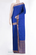 Royal Blue Mysore Crepe Saree with Jacquard design on the body and Zari Border.  displayed on a mannequin
