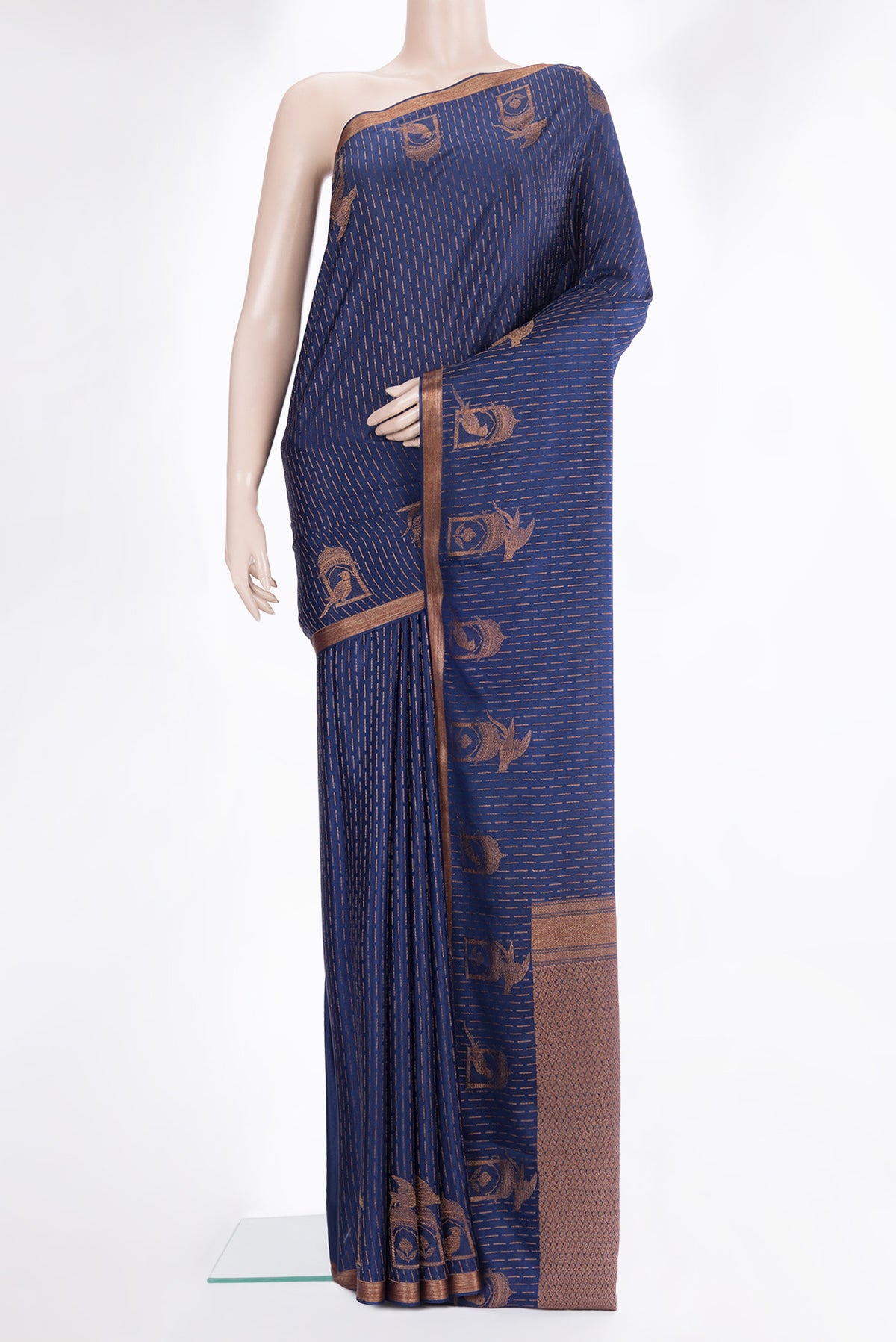 Navy Blue Dual Tone Banarasi Georgette Saree with Zari Butta on the body and Fancy Border.  displayed on a mannequin