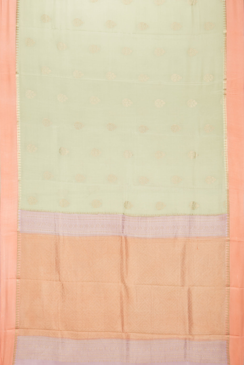 Flat view of Pure Silk Pista Green Dual Tone Banarasi Georgette Saree with Zari Butta on the body and Zari Border. 