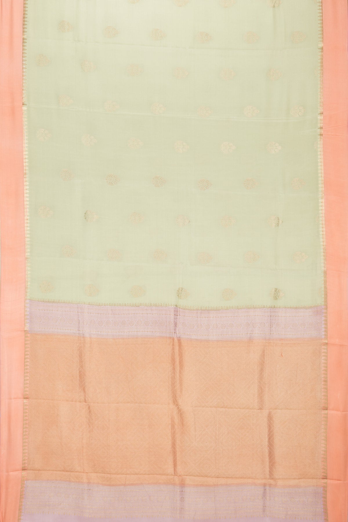 Flat view of Pure Silk Pista Green Dual Tone Banarasi Georgette Saree with Zari Butta on the body and Zari Border. 