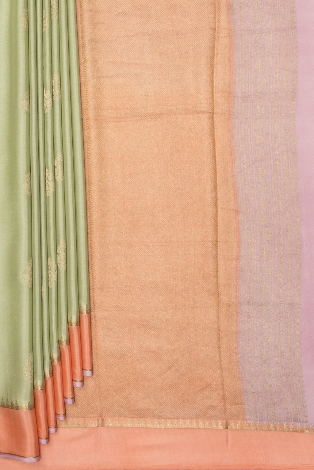 Pleats and pallu of Pure Silk Pista Green Dual Tone Banarasi Georgette Saree with Zari Butta on the body and Zari Border. 