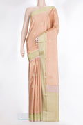 Pure Silk Golden Peach Dual Tone Banarasi Georgette Saree with Zari Butta on the body and Zari Border.  displayed on a mannequin