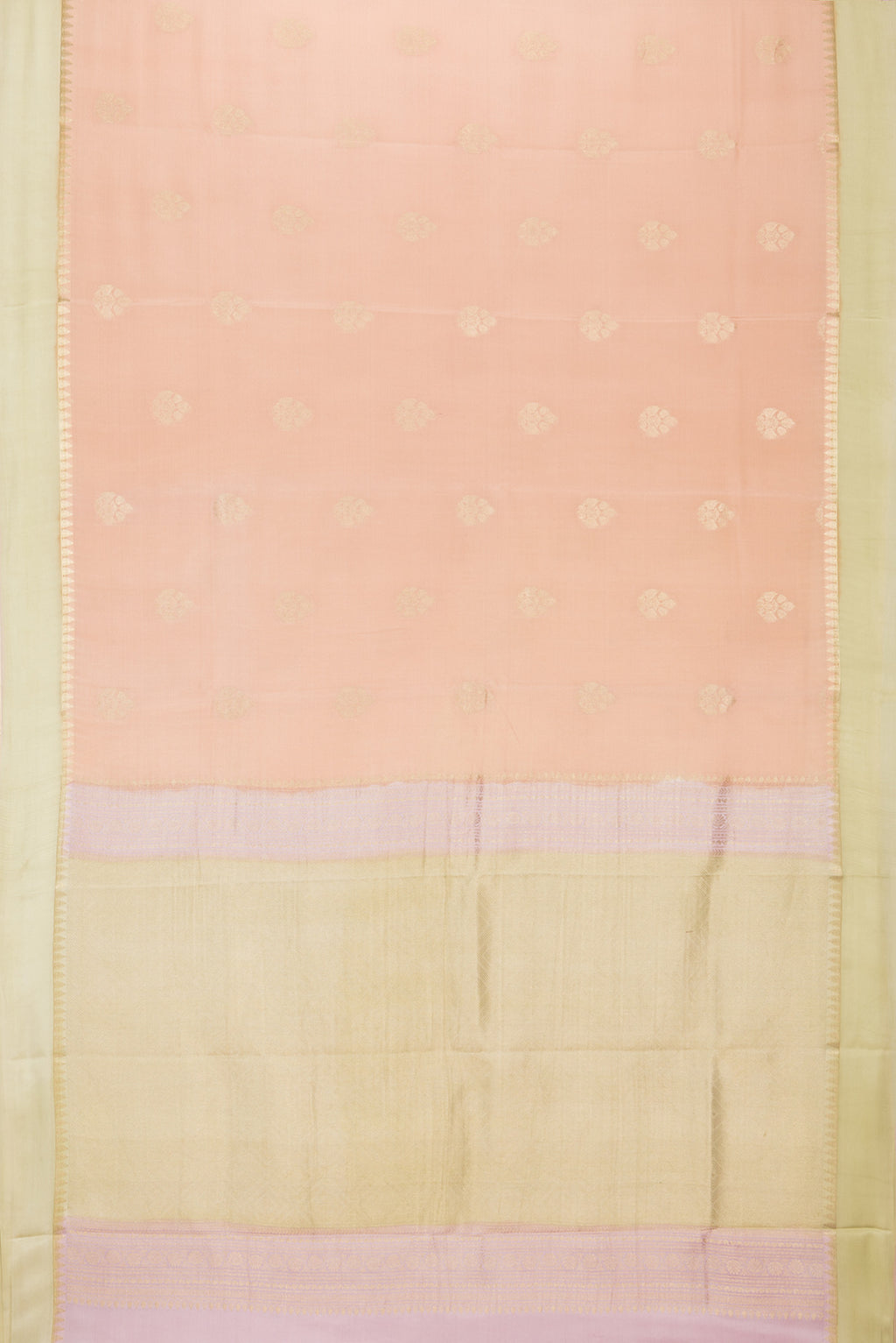 Flat view of Pure Silk Golden Peach Dual Tone Banarasi Georgette Saree with Zari Butta on the body and Zari Border. 
