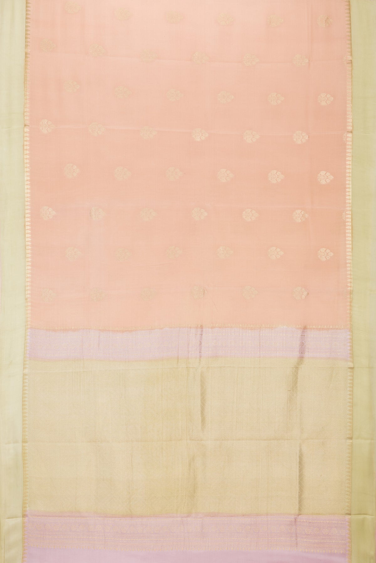 Flat view of Pure Silk Golden Peach Dual Tone Banarasi Georgette Saree with Zari Butta on the body and Zari Border. 