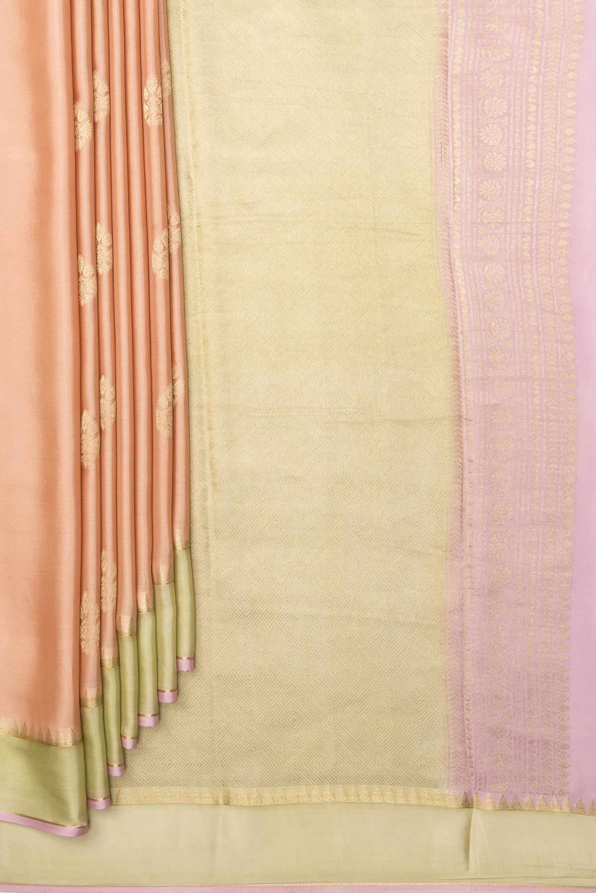 Pleats and pallu of Pure Silk Golden Peach Dual Tone Banarasi Georgette Saree with Zari Butta on the body and Zari Border. 