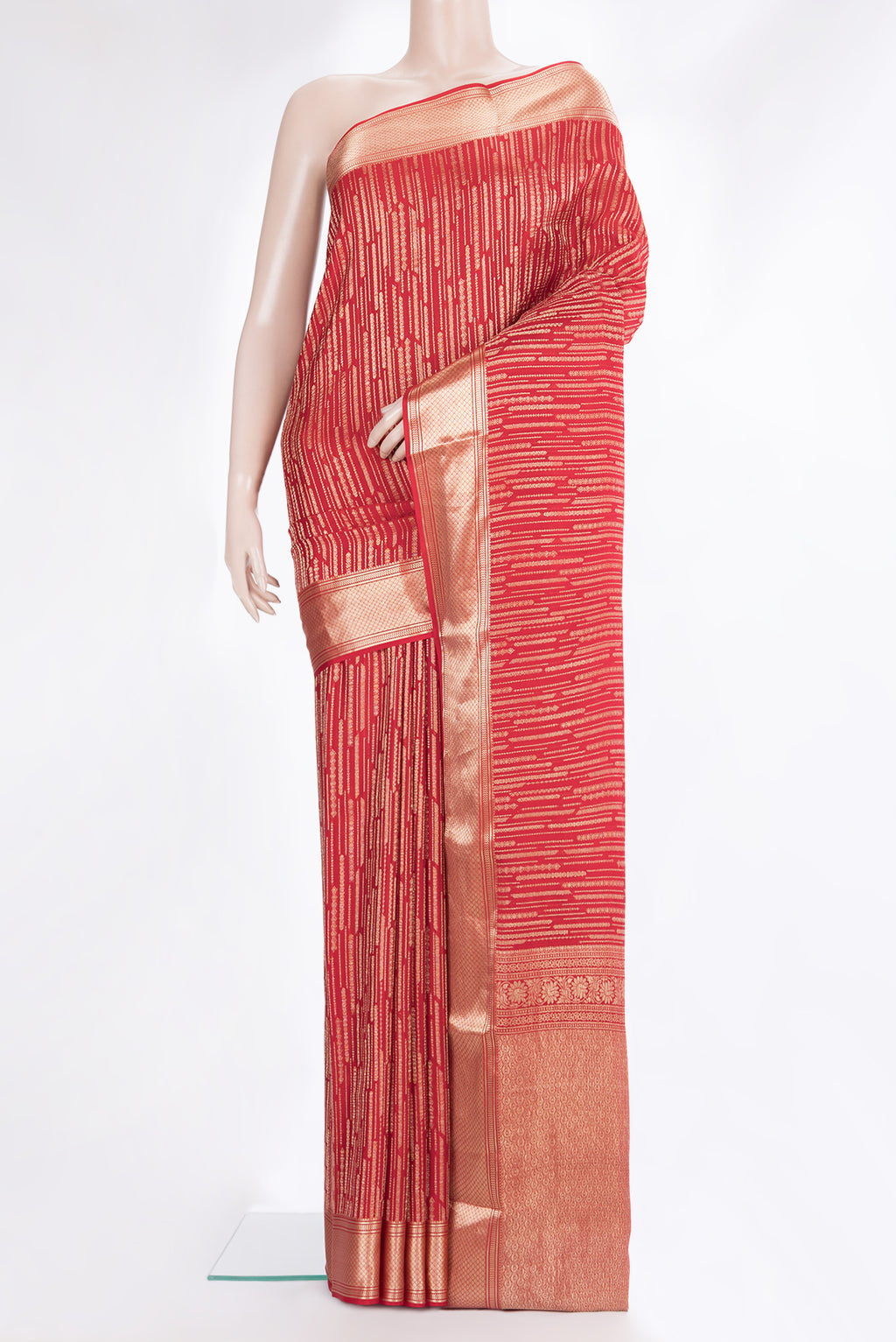 Red Dual Tone Banarasi Georgette Saree with Zari Brocade on the body and Zari Border.  displayed on a mannequin