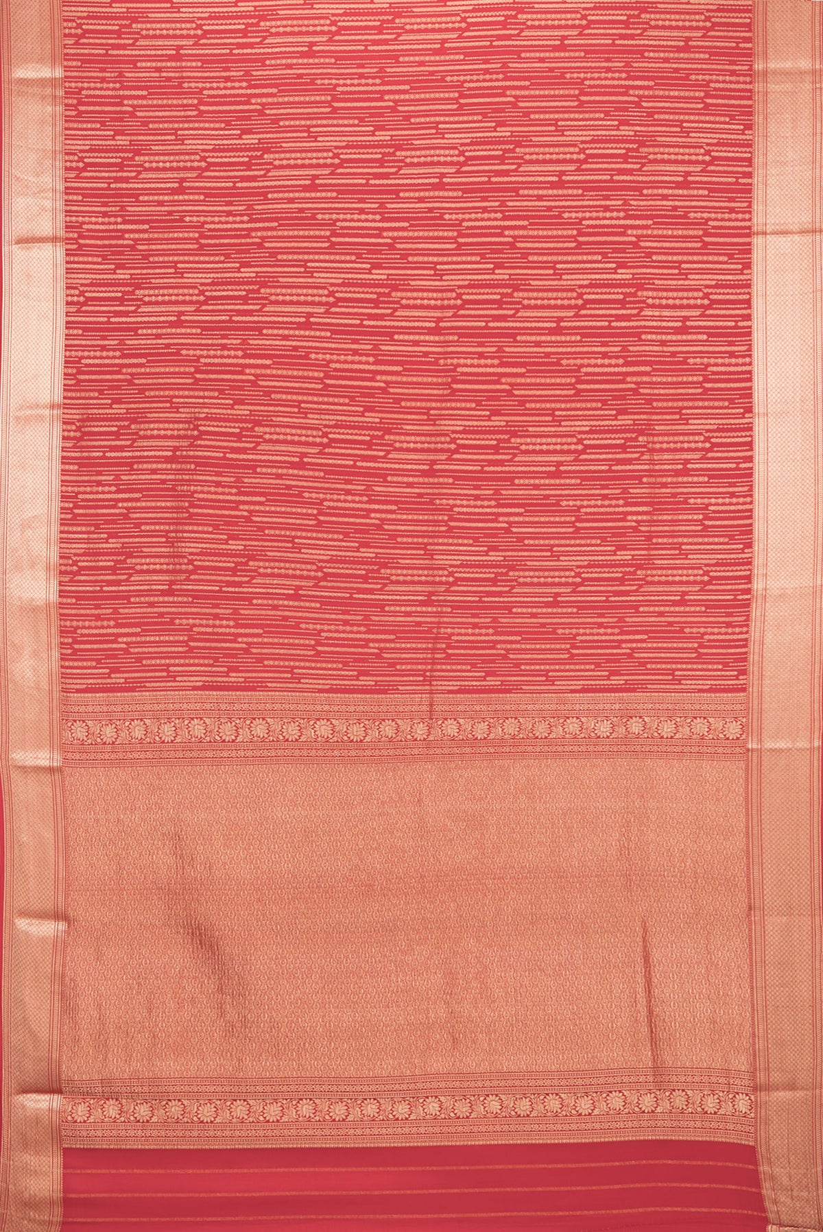 Flat view of Red Dual Tone Banarasi Georgette Saree with Zari Brocade on the body and Zari Border. 