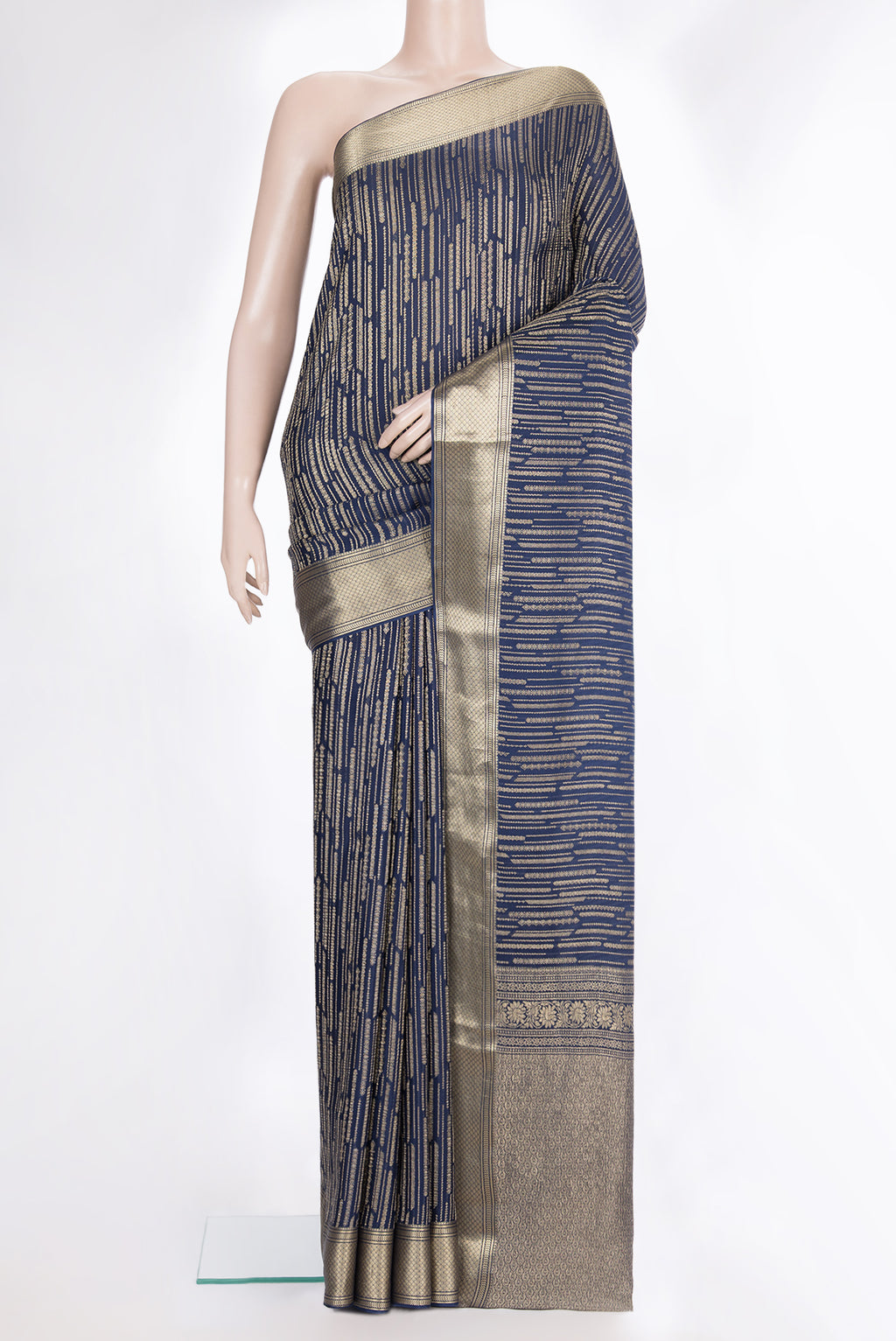 Pure Silk Navy Blue Dual Tone Banarasi Georgette Saree with Zari Brocade on the body and Zari Border.  displayed on a mannequin