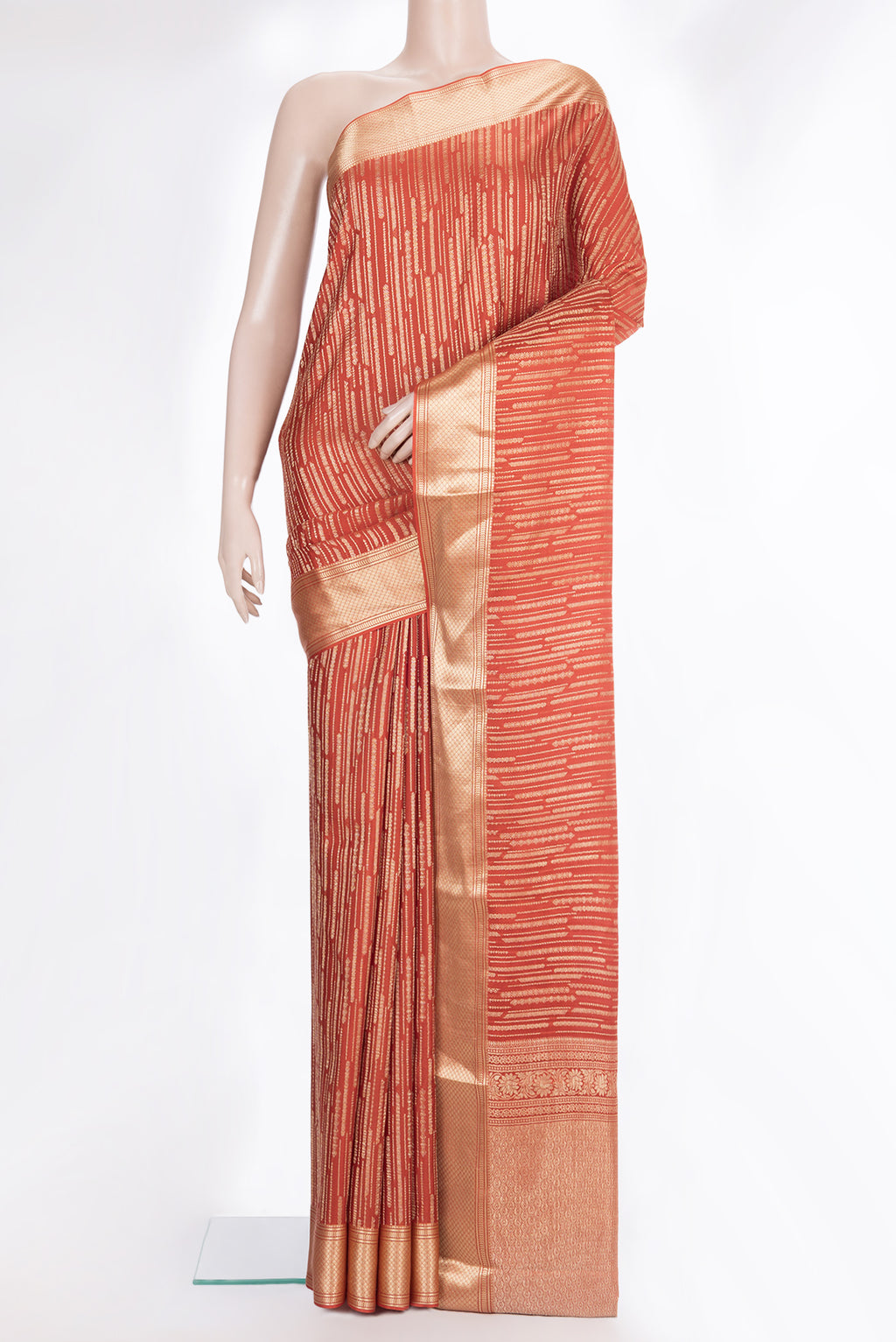 Pure Silk Rust Dual Tone Banarasi Georgette Saree with Zari Brocade on the body and Zari Border.  displayed on a mannequin