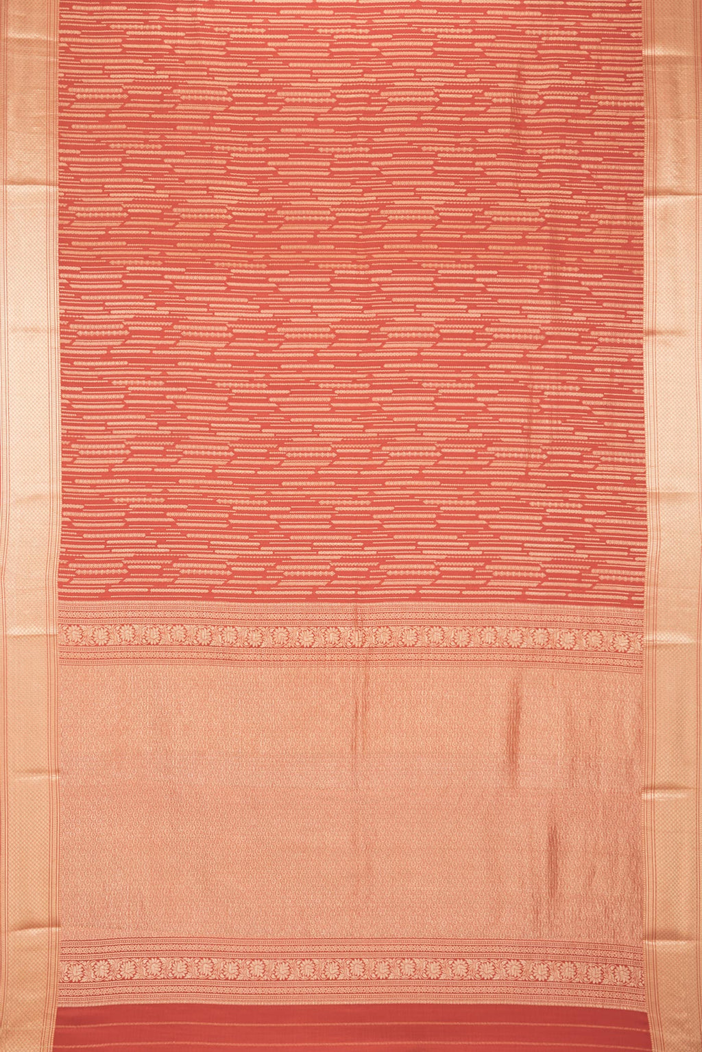 Flat view of Pure Silk Rust Dual Tone Banarasi Georgette Saree with Zari Brocade on the body and Zari Border. 