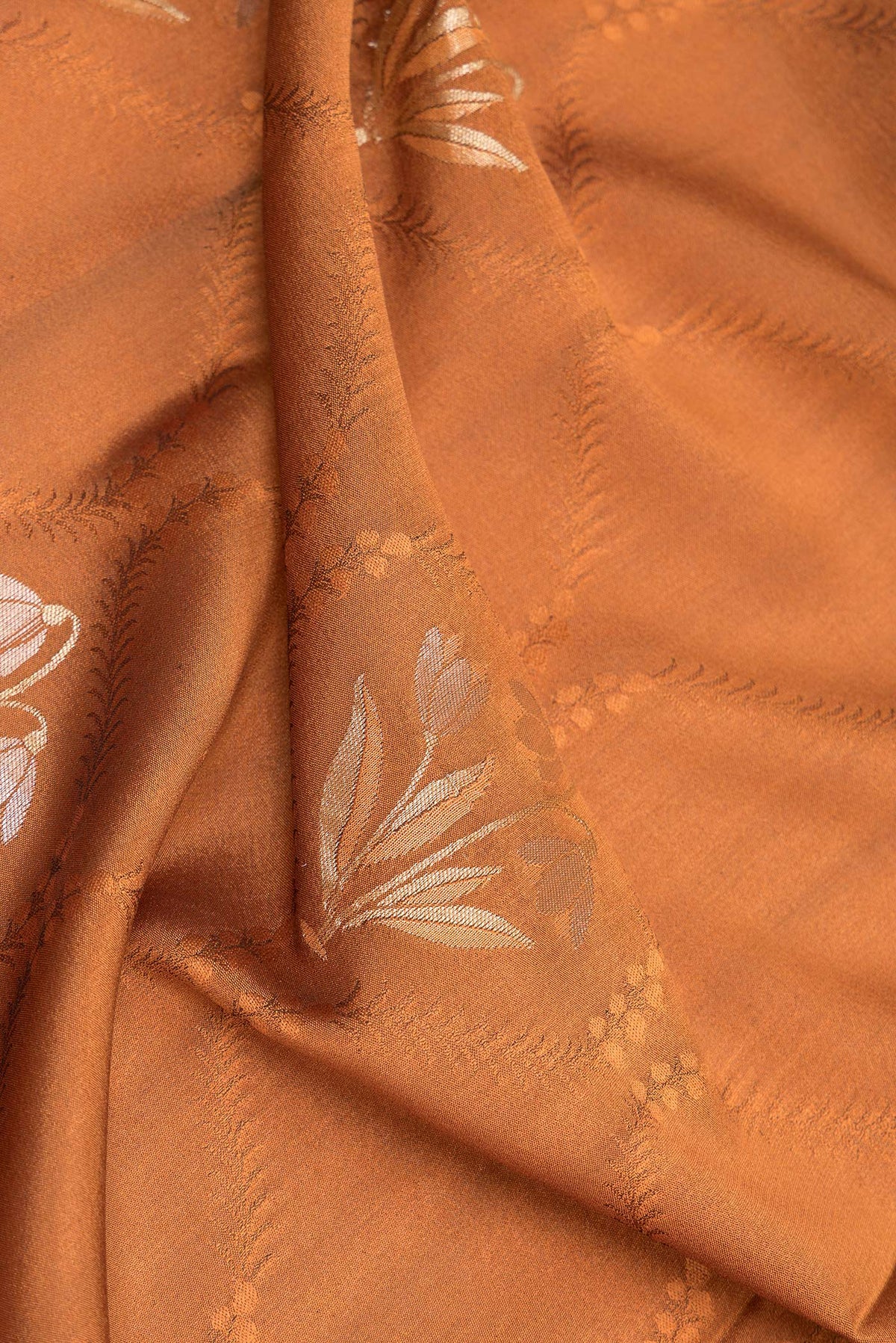 Close up of Rust Dual Tone Banarasi Georgette Saree with Jacquard With Zari Butta on the body and Zari Border.  displaying folds