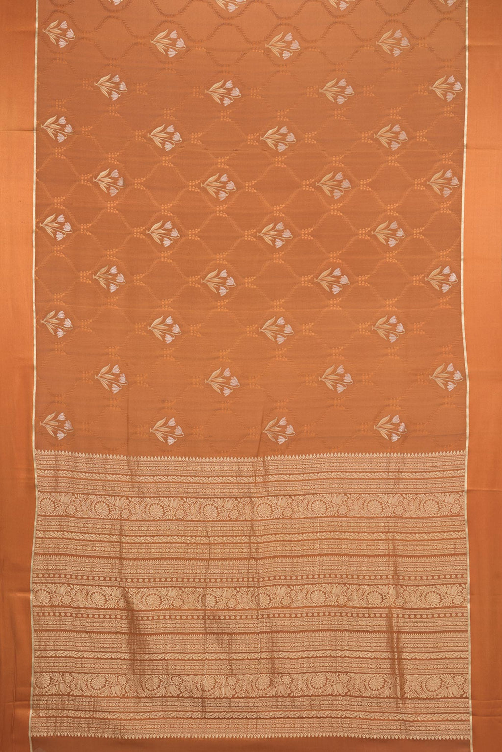 Flat view of Rust Dual Tone Banarasi Georgette Saree with Jacquard With Zari Butta on the body and Zari Border. 