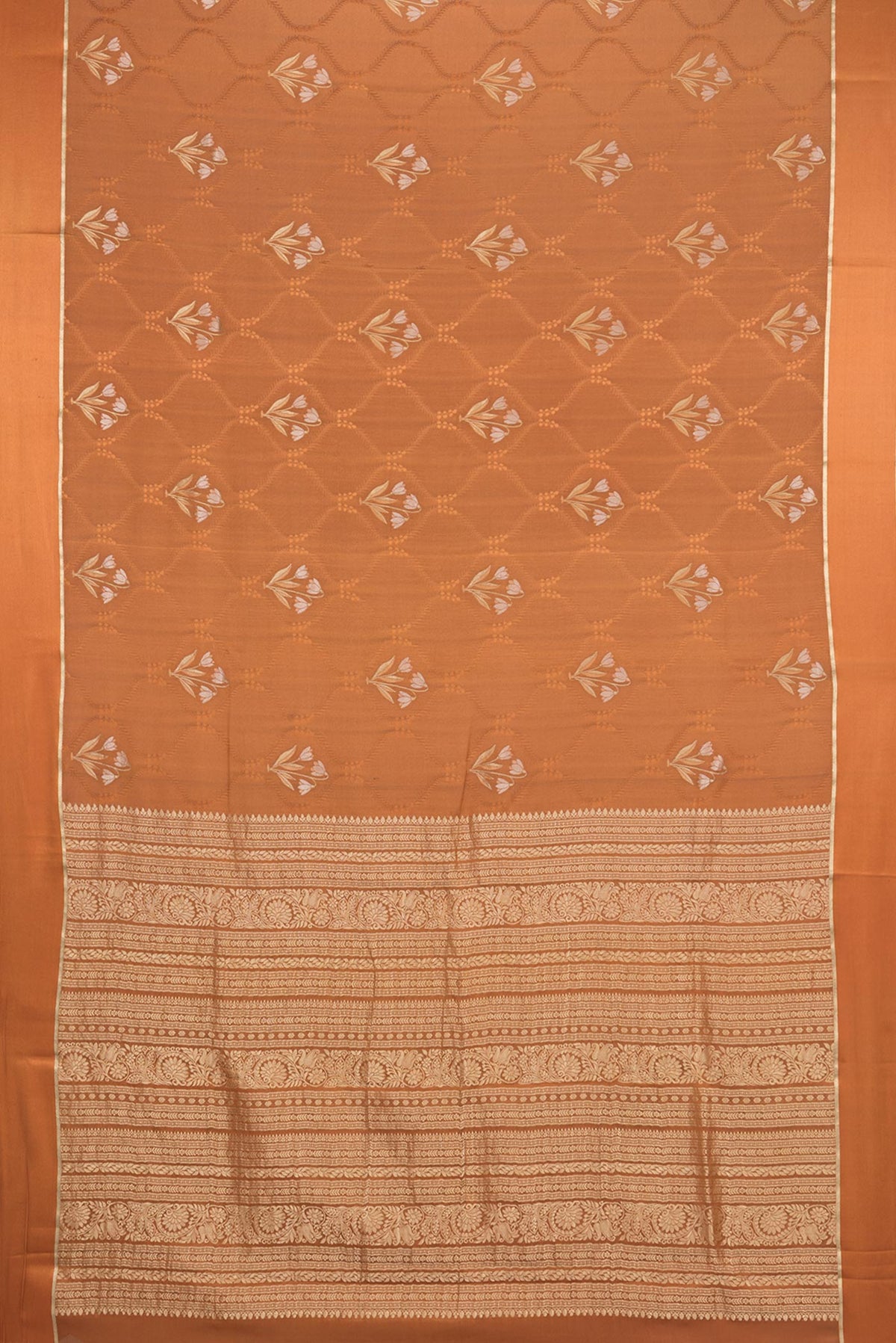 Flat view of Rust Dual Tone Banarasi Georgette Saree with Jacquard With Zari Butta on the body and Zari Border. 