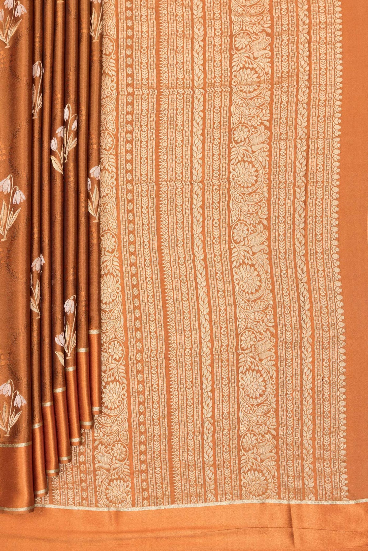 Pleats and pallu of Rust Dual Tone Banarasi Georgette Saree with Jacquard With Zari Butta on the body and Zari Border. 