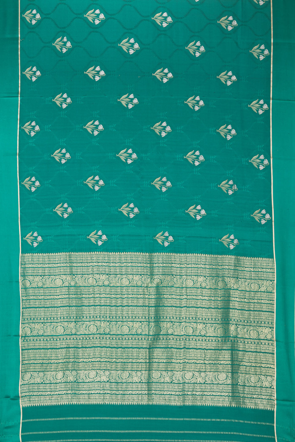 Flat view of Green Mysore Crepe Saree with Jacquard With Zari Butta on the body and Zari Border. 