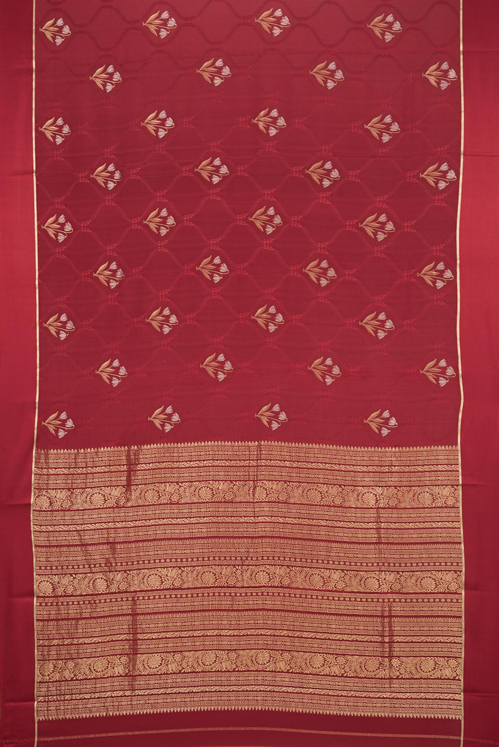 Flat view of Maroon Dual Tone Banarasi Georgette Saree with Jacquard With Zari Butta on the body and Zari Border. 