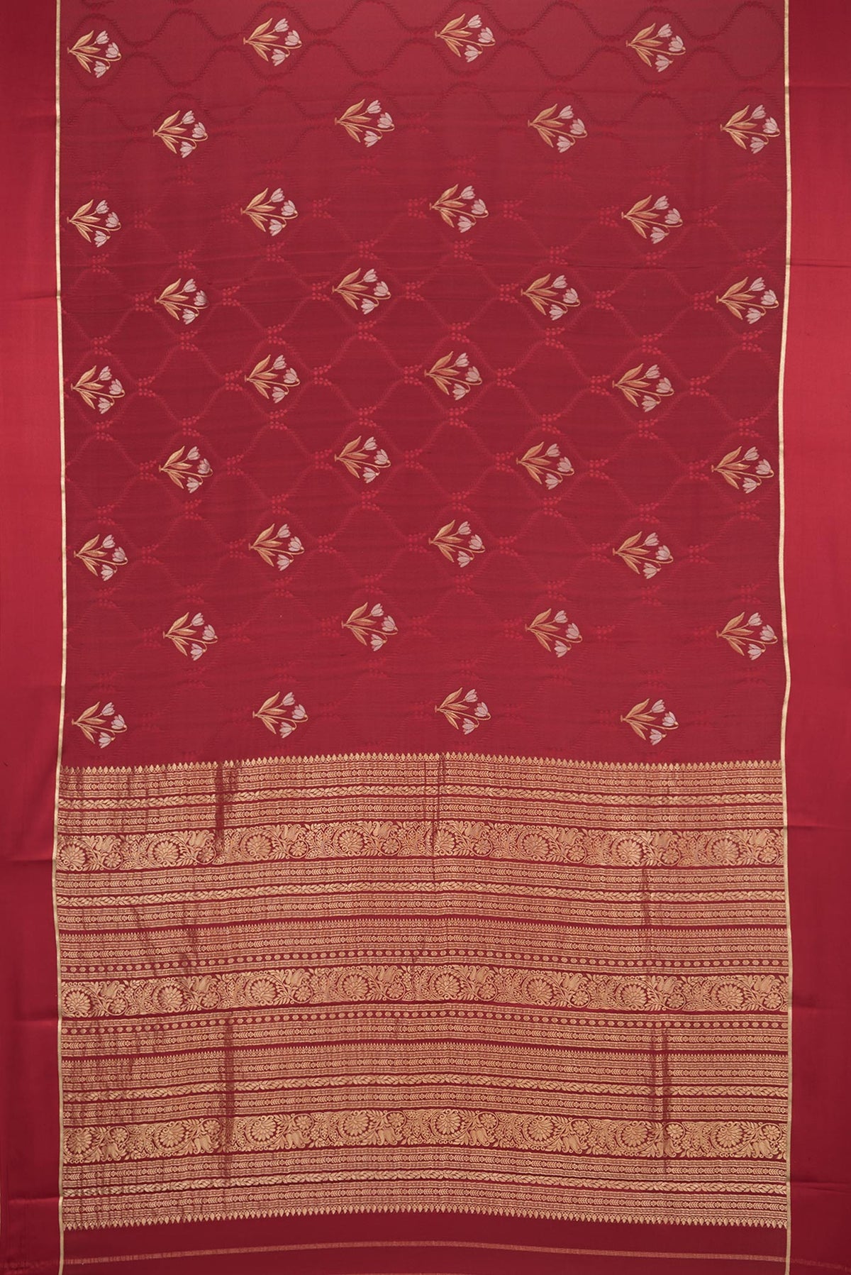 Flat view of Maroon Dual Tone Banarasi Georgette Saree with Jacquard With Zari Butta on the body and Zari Border. 