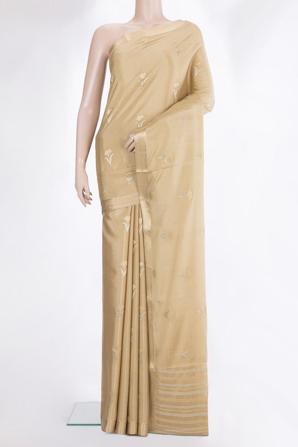 Dark Beige Dual Tone Banarasi Georgette Saree with Zari Butta on the body and Zari Border.  displayed on a mannequin
