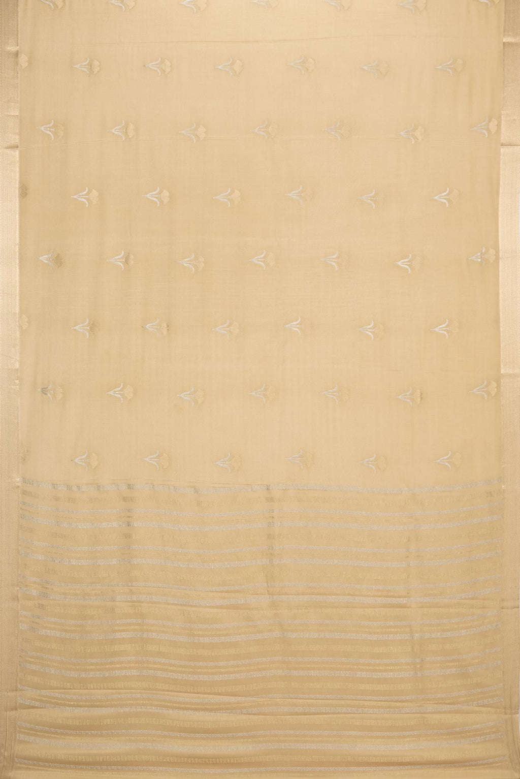 Flat view of Dark Beige Dual Tone Banarasi Georgette Saree with Zari Butta on the body and Zari Border. 