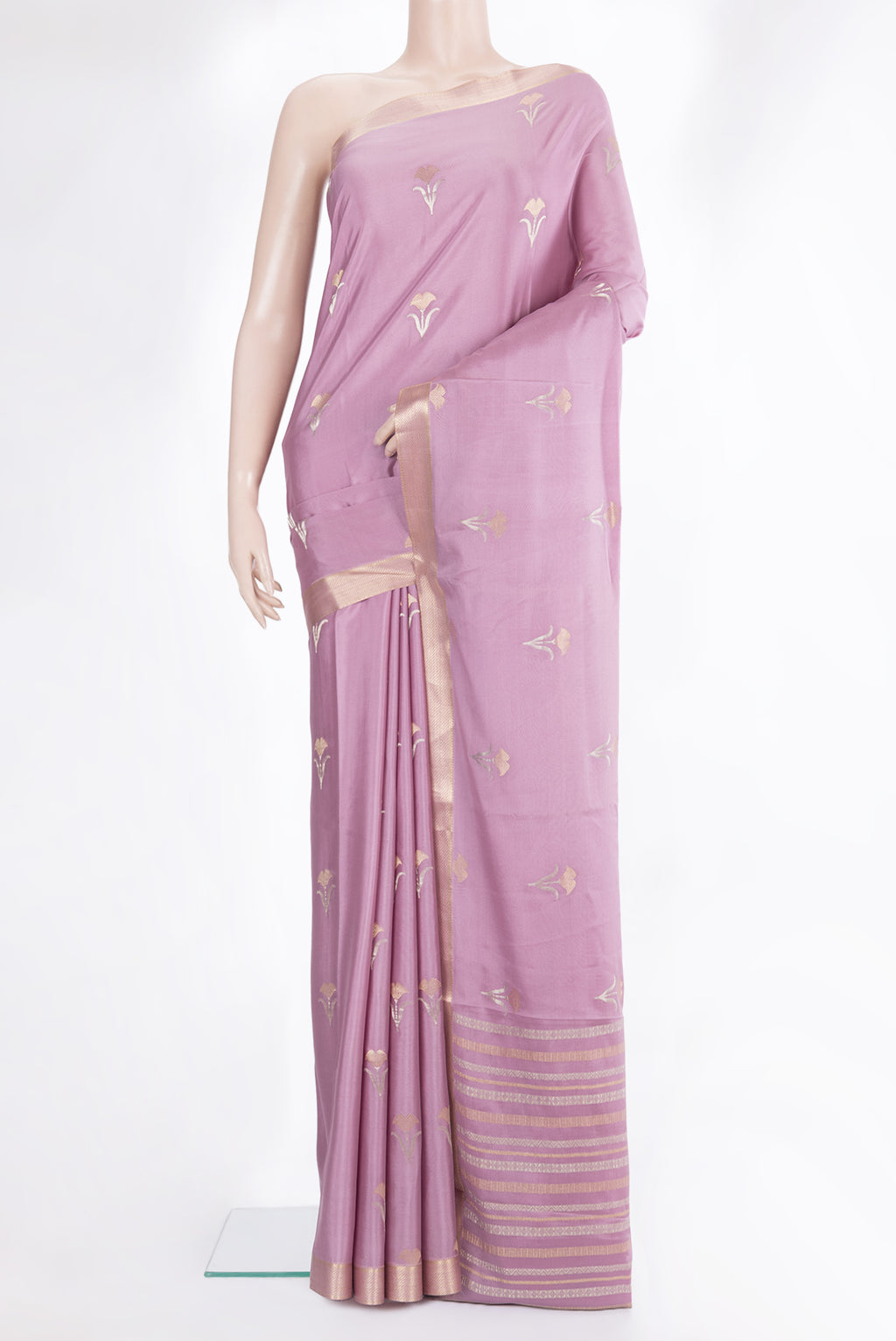Lavender Dual Tone Banarasi Georgette Saree with Zari Butta on the body and Zari Border.  displayed on a mannequin