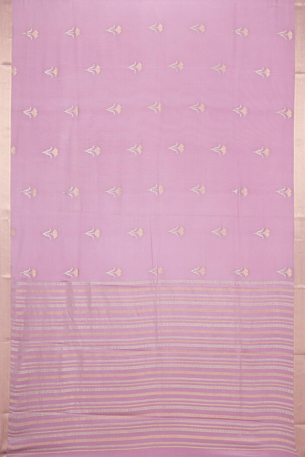 Flat view of Lavender Dual Tone Banarasi Georgette Saree with Zari Butta on the body and Zari Border. 