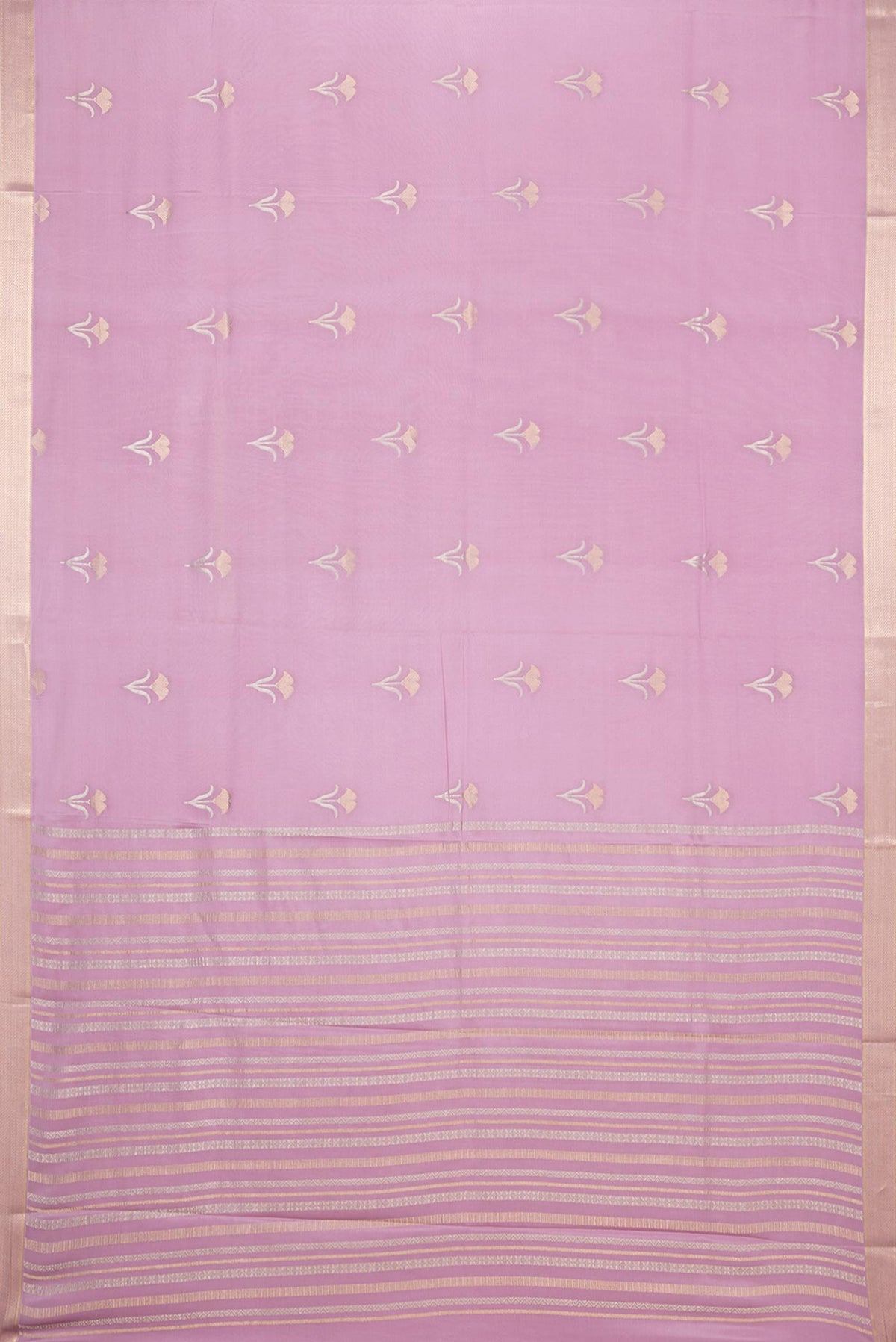 Flat view of Lavender Dual Tone Banarasi Georgette Saree with Zari Butta on the body and Zari Border. 