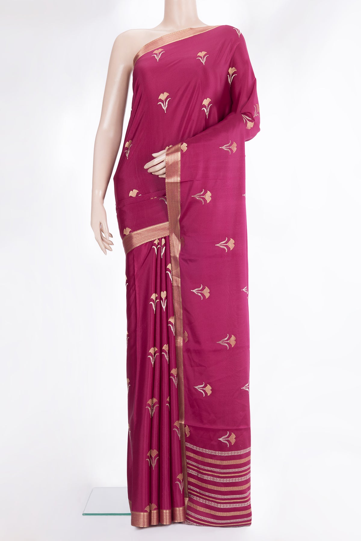 Magenta Dual Tone Banarasi Georgette Saree with Zari Butta on the body and Zari Border.  displayed on a mannequin