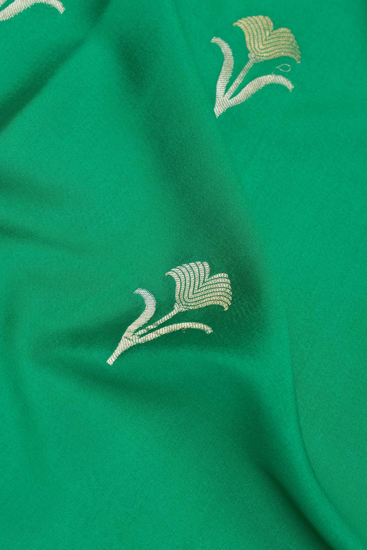 Close up of Green Dual Tone Banarasi Georgette Saree with Zari Butta on the body and Zari Border.  displaying folds