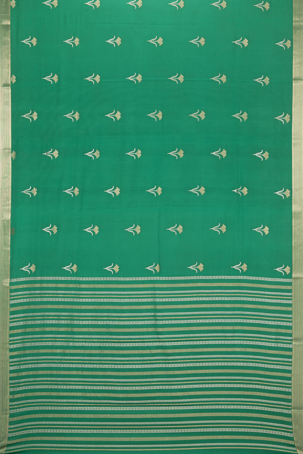 Flat view of Green Dual Tone Banarasi Georgette Saree with Zari Butta on the body and Zari Border. 