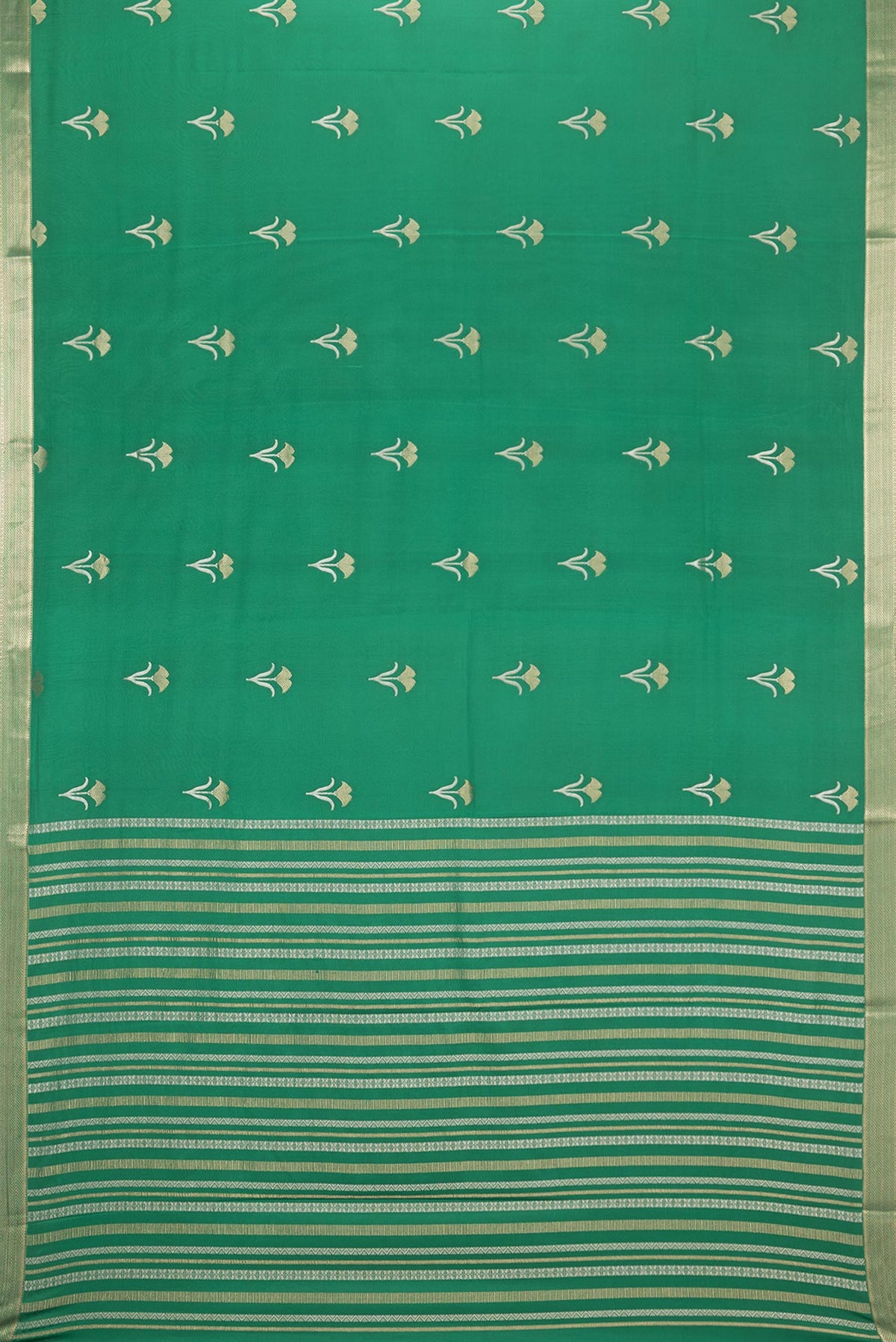 Flat view of Green Dual Tone Banarasi Georgette Saree with Zari Butta on the body and Zari Border. 