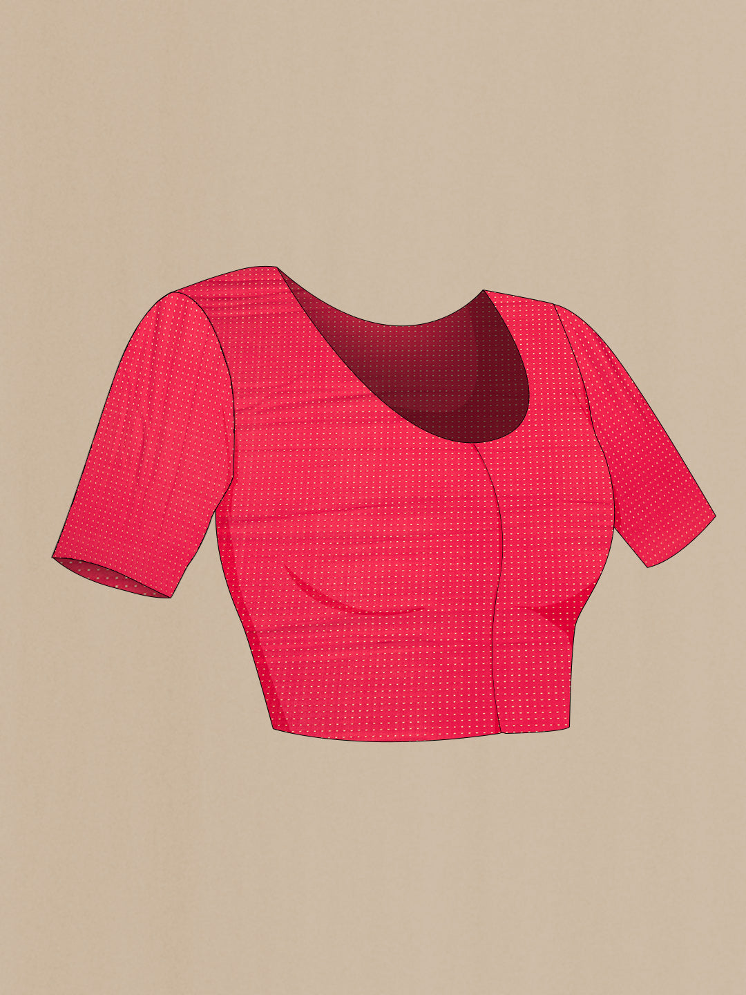 Close up image of the blouse of Red Mysore Crepe Saree with Stripes on the body and Zari Border. 