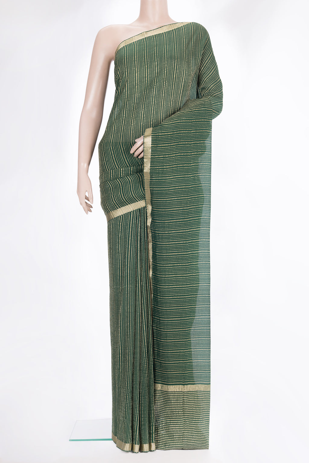 Bottle Green Mysore Georgette Saree with Stripes on the body and Zari Border.  displayed on a mannequin