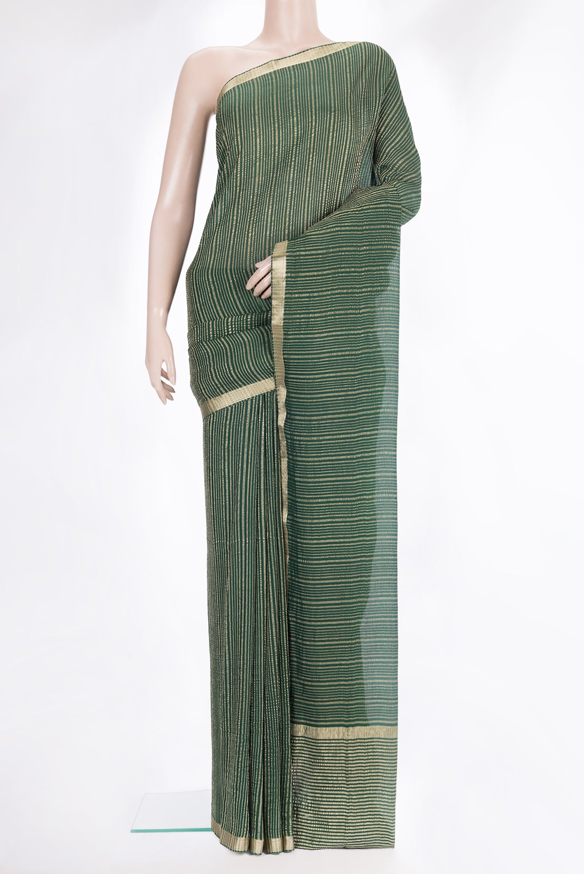 Bottle Green Mysore Georgette Saree with Stripes on the body and Zari Border.  displayed on a mannequin