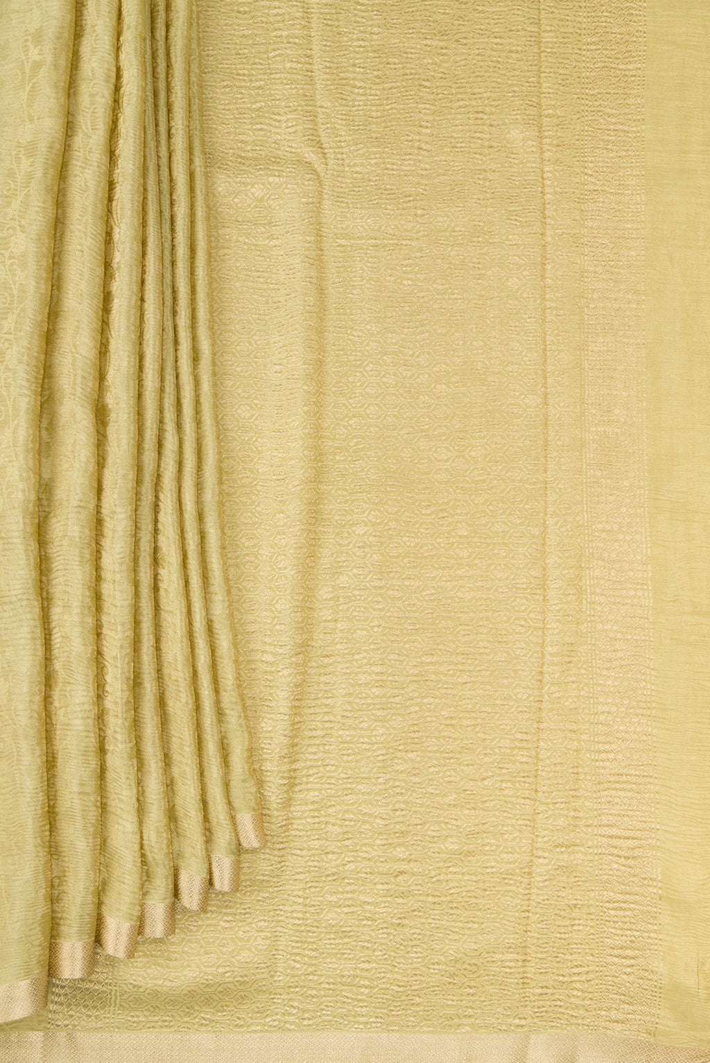 Pleats and pallu of Sandal Mysore Chiffon Saree with Zari Brocade on the body and Zari Border. 