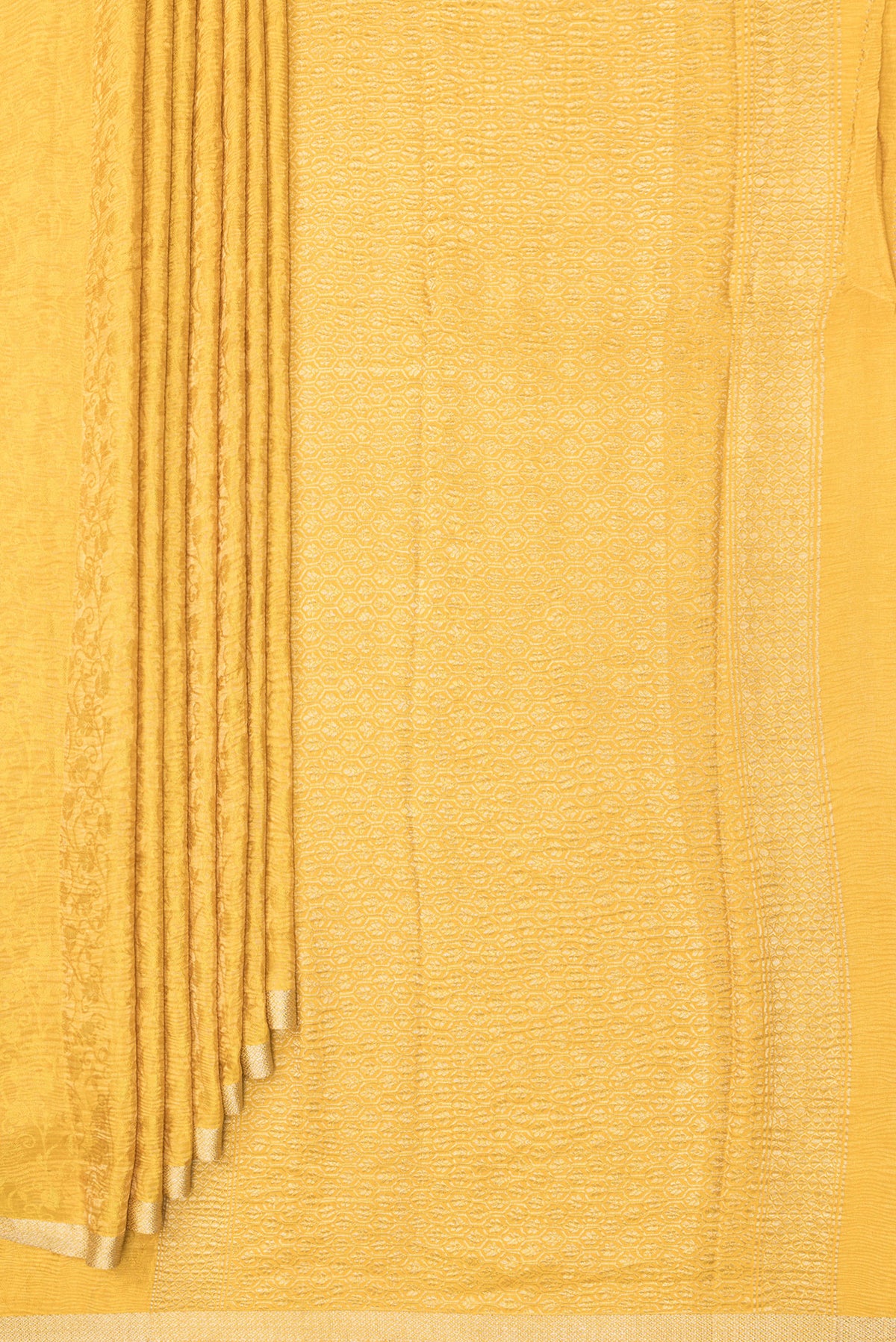 Pleats and pallu of Mustard Dual Tone Banarasi Georgette Saree with Zari Brocade on the body and Zari Border. 