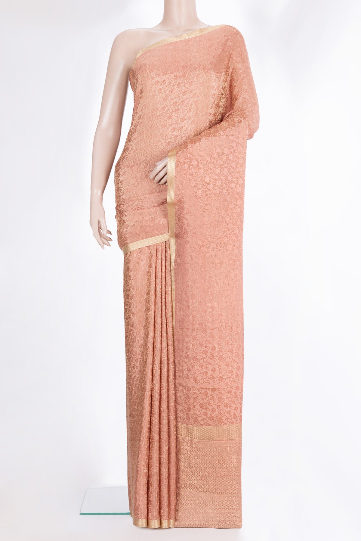 Golden Peach Dual Tone Banarasi Georgette Saree with Zari Brocade on the body and Zari Border.  displayed on a mannequin